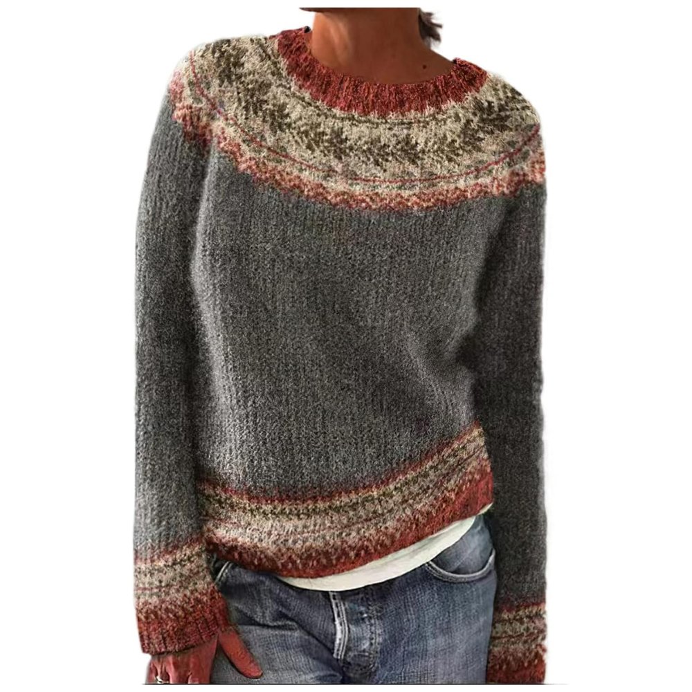 Women's Vintage Fair Isle Sweaters Casual Crewneck Pullover Knitted Top Lightweight Long Sleeve Retro Striped Shirt