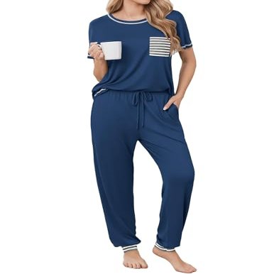 Ekouaer womens pajama sets Short Sleeve Pjs Lounge Set 2 Piece Sleepwear with Long Pants,Prussian Blue,XX-Large
