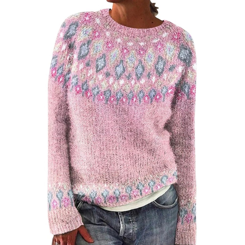 Women's Vintage Fair Isle Sweaters Casual Crewneck Pullover Knitted Top Lightweight Long Sleeve Retro Striped Shirt B-Pink
