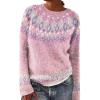 Women's Vintage Fair Isle Sweaters Casual Crewneck Pullover Knitted Top Lightweight Long Sleeve Retro Striped Shirt B-Pink view 1