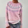 Women's Vintage Fair Isle Sweaters Casual Crewneck Pullover Knitted Top Lightweight Long Sleeve Retro Striped Shirt B-Pink view 2