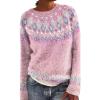 Women's Vintage Fair Isle Sweaters Casual Crewneck Pullover Knitted Top Lightweight Long Sleeve Retro Striped Shirt B-Pink view 3