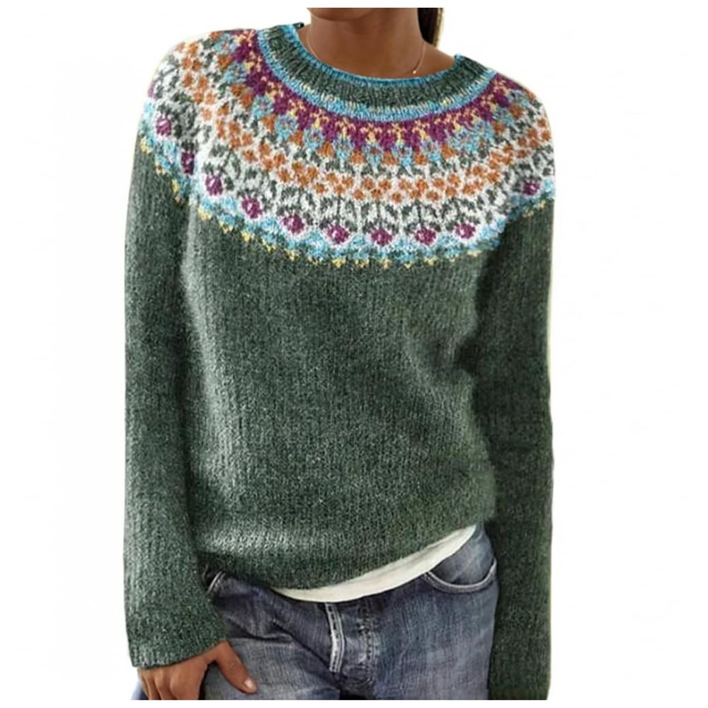 Women's Vintage Fair Isle Sweaters Casual Crewneck Pullover Knitted Top Lightweight Long Sleeve Retro Striped Shirt