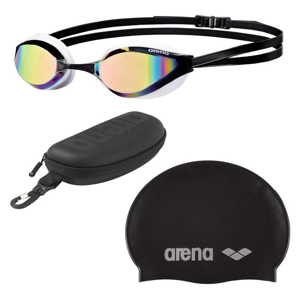 ARENA Python Mirrored Swim Goggles with Protective Case and Classic Silicone Swim Cap Unisex Adult Competitive Swimmer Bundle