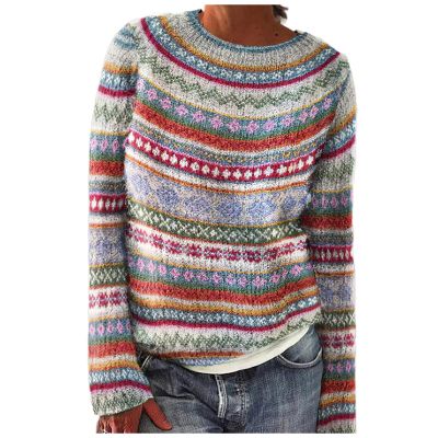 Women's Vintage Fair Isle Sweaters Casual Crewneck Pullover Knitted Top Lightweight Long Sleeve Retro Striped Shirt
