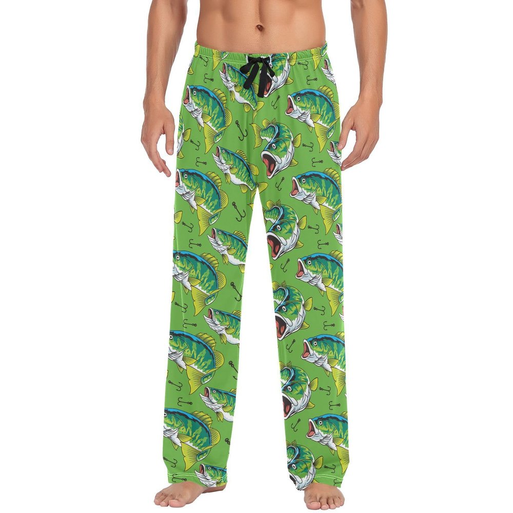 Meocouoe Bass Fish Pajama Pants for Men's Soft Comfy Sleep Lounge Sleepwear Pj Bottoms with Pockets, L