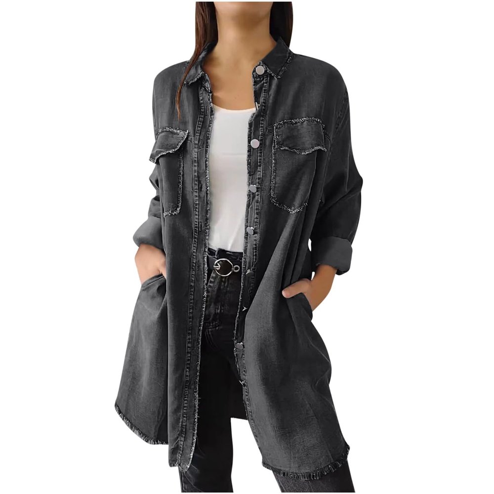 Denim Trench Coat Women Classic Long Jean Jacket Plus Size Long Sleeve Button Down Open Front Cardigan Denim Jacket