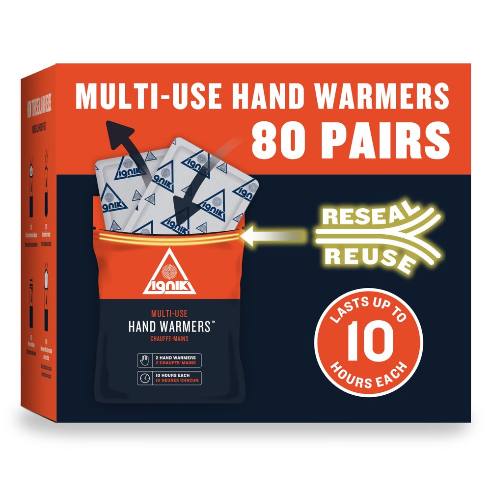 Ignik Resealable Multiple-Use Hand Warmers for 10 Hours of Heat Across 72 Hours, 80 Pairs