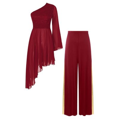 TSSOE Women's Flared Sleeve Liturgical Praise Dance Dress Worship Dance Tunic Overlay with Wide Leg Pants Burgundy Small