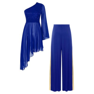 Jowowha Liturgical Dance 2pcs Outfits for Womens Worship Dress Sheer Lace Praise Dance Tunic Overlay with Wide-Leg Pants Royal Blue Medium