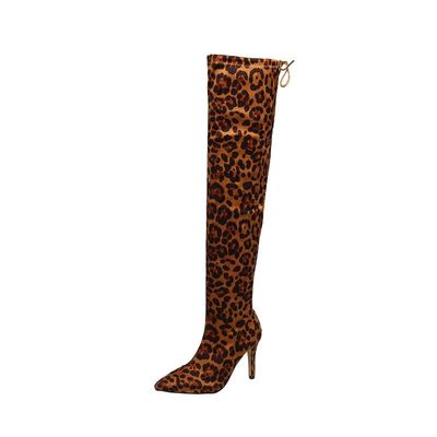 Women Over the Knee Boots Stiletto High Heels Leopard Pointed Toe Thigh High Boots Comfort Lace Up Stretch Zipper Shoes