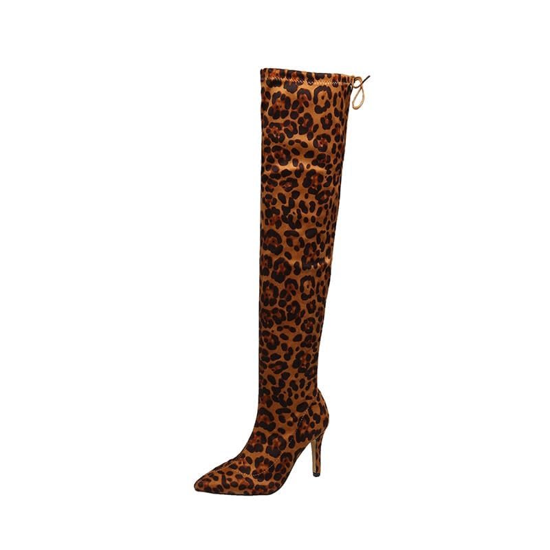 Women Over the Knee Boots Stiletto High Heels Leopard Pointed Toe Thigh High Boots Comfort Lace Up Stretch Zipper Shoes