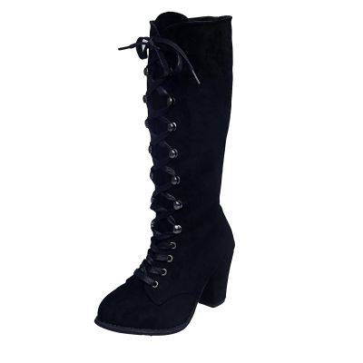 Womens Mid Calf Boots Suede Lace Up Chunky Heel Combat Riding Military Booties Retro Casual Cowboy Knee High Boots