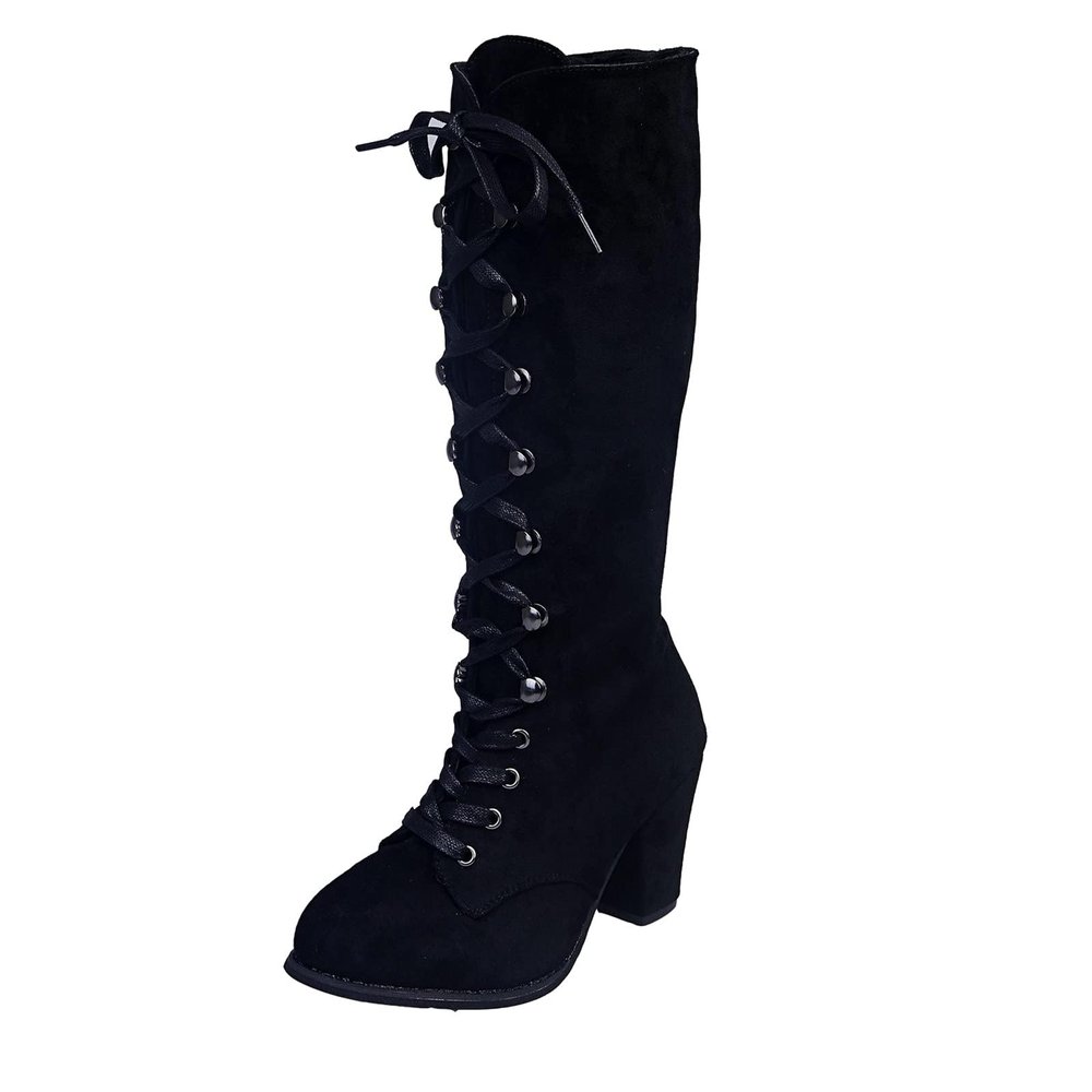 Womens Mid Calf Boots Suede Lace Up Chunky Heel Combat Riding Military Booties Retro Casual Cowboy Knee High Boots