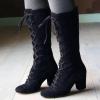 Womens Mid Calf Boots Suede Lace Up Chunky Heel Combat Riding Military Booties Retro Casual Cowboy Knee High Boots view 2