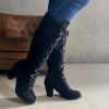 Womens Mid Calf Boots Suede Lace Up Chunky Heel Combat Riding Military Booties Retro Casual Cowboy Knee High Boots view 3