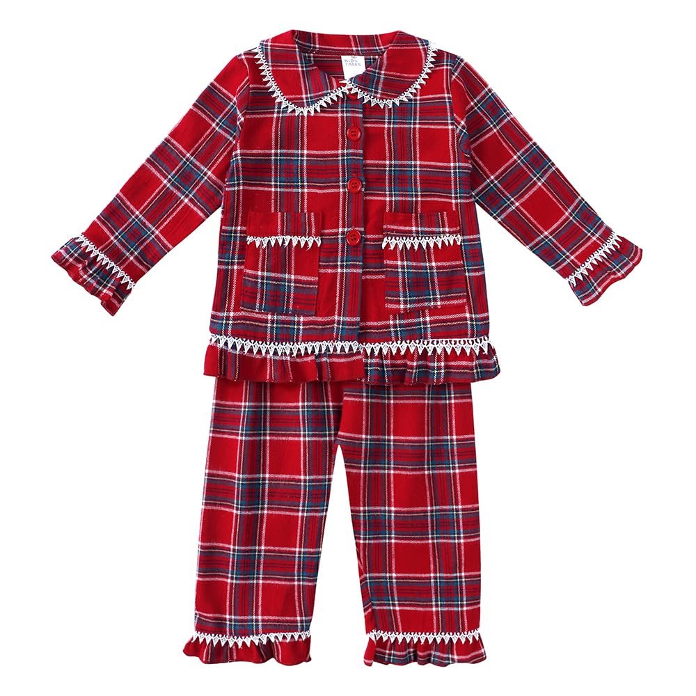Kids Tales Child Cotton Pajama Sets Christmas Button Down Long Sleeve Shirt + Long Pants 2Pcs Girls Plaid Loungewear