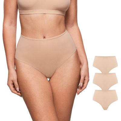 INLYRIC Women's Inbarely Soft Thong - High Waisted Tagless Smooth Stretch Underwear Ultra-soft No Show Ladies Panties 3 Pack Wheat (3pack) X-Small