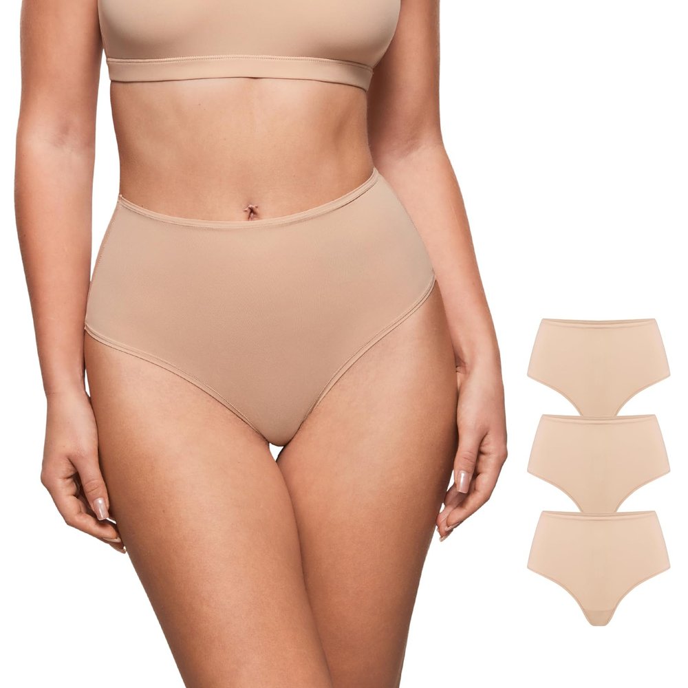 INLYRIC Women's Inbarely Soft Thong - High Waisted Tagless Smooth Stretch Underwear Ultra-soft No Show Ladies Panties 3 Pack Wheat (3pack) X-Small