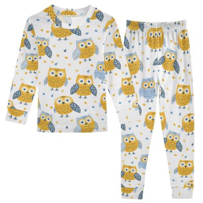 ALAZA Cartoon Yellow Blue Owl 2 Piece Pajama Set Long Sleeve Top and Pants Sleepwear Unisex 24M