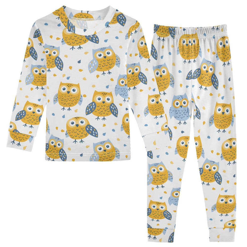 ALAZA Cartoon Yellow Blue Owl 2 Piece Pajama Set Long Sleeve Top and Pants Sleepwear Unisex 24M