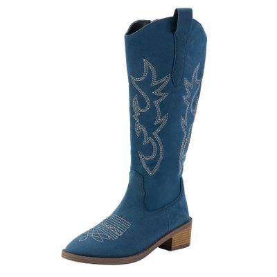 Womens Embroidered Western Cowboy Boots Pointed Toe Chunky Heel Mid Calf Boots Side Zipper Retro Riding Boots