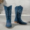 Womens Embroidered Western Cowboy Boots Pointed Toe Chunky Heel Mid Calf Boots Side Zipper Retro Riding Boots view 2