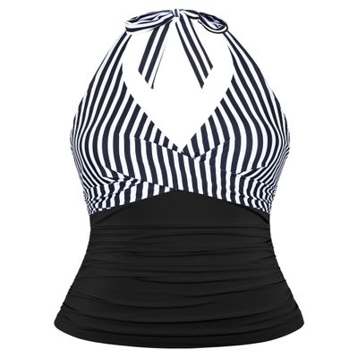 coastal rose Tankini Tops for Women Swimwear Top Only with Underwire Halter V Neck Swimsuit Tops Only for Large Bust Black White Stripe US10
