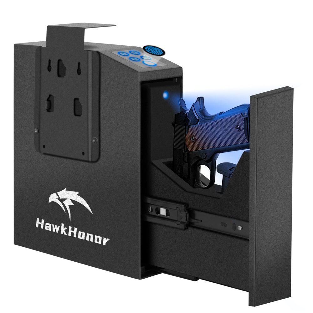 HAWKHONOR Gun Safe For Handgun, Gun Case, Biometric Slider HandgunSafe for Nightstand, Bedside, Pistol Safe For Desk, Car, Truck - with Fingerprint, PIN Code, Key Access