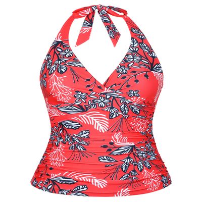 coastal rose Supportive Swimsuits Built in Bra Underwire Tankini Tops for Women Halter Swimwear Top Only Tummy Control Bathing Suit Red Floral US16