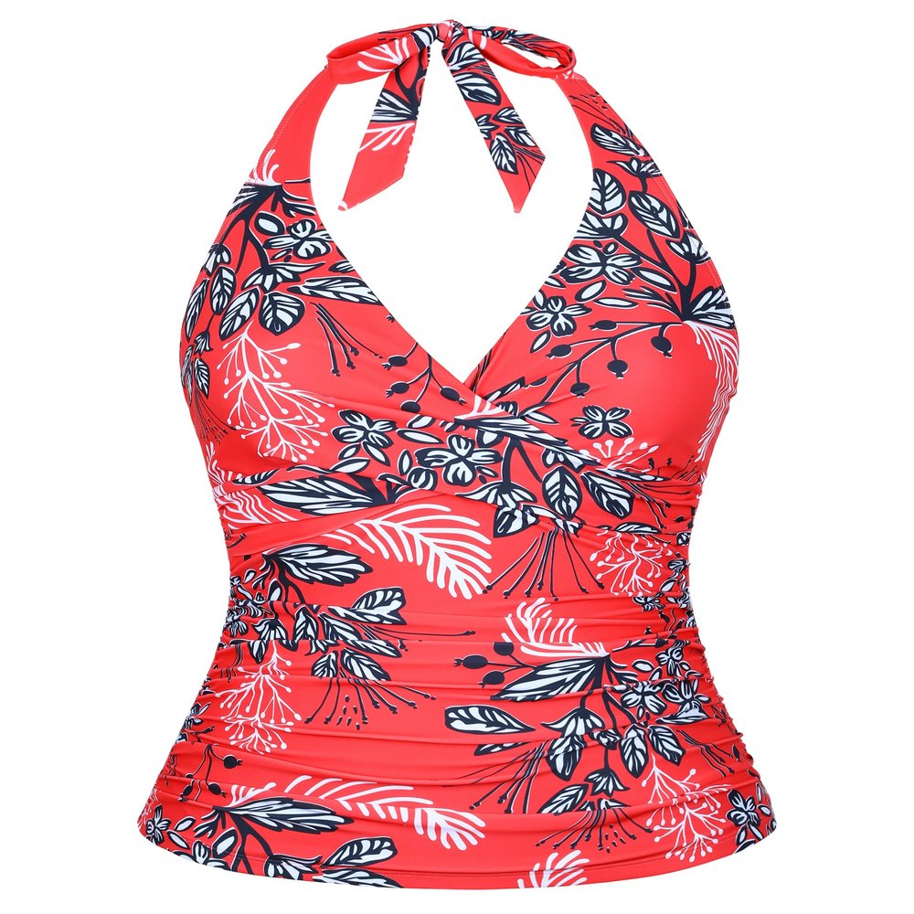 coastal rose Supportive Swimsuits Built in Bra Underwire Tankini Tops for Women Halter Swimwear Top Only Tummy Control Bathing Suit Red Floral US16
