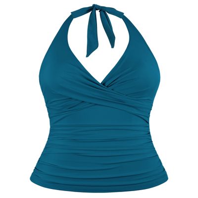 coastal rose Swimsuit Tankini Tops for Women with Underwire Bra Support Halter V Neck Bathing Suit Tummy Control Swim Top Only Blue Coral US14