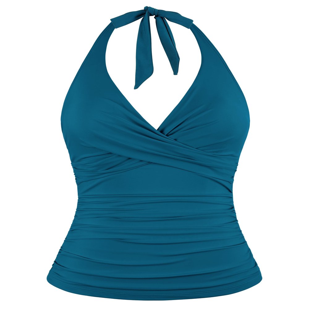 coastal rose Swimsuit Tankini Tops for Women with Underwire Bra Support Halter V Neck Bathing Suit Tummy Control Swim Top Only Blue Coral US14