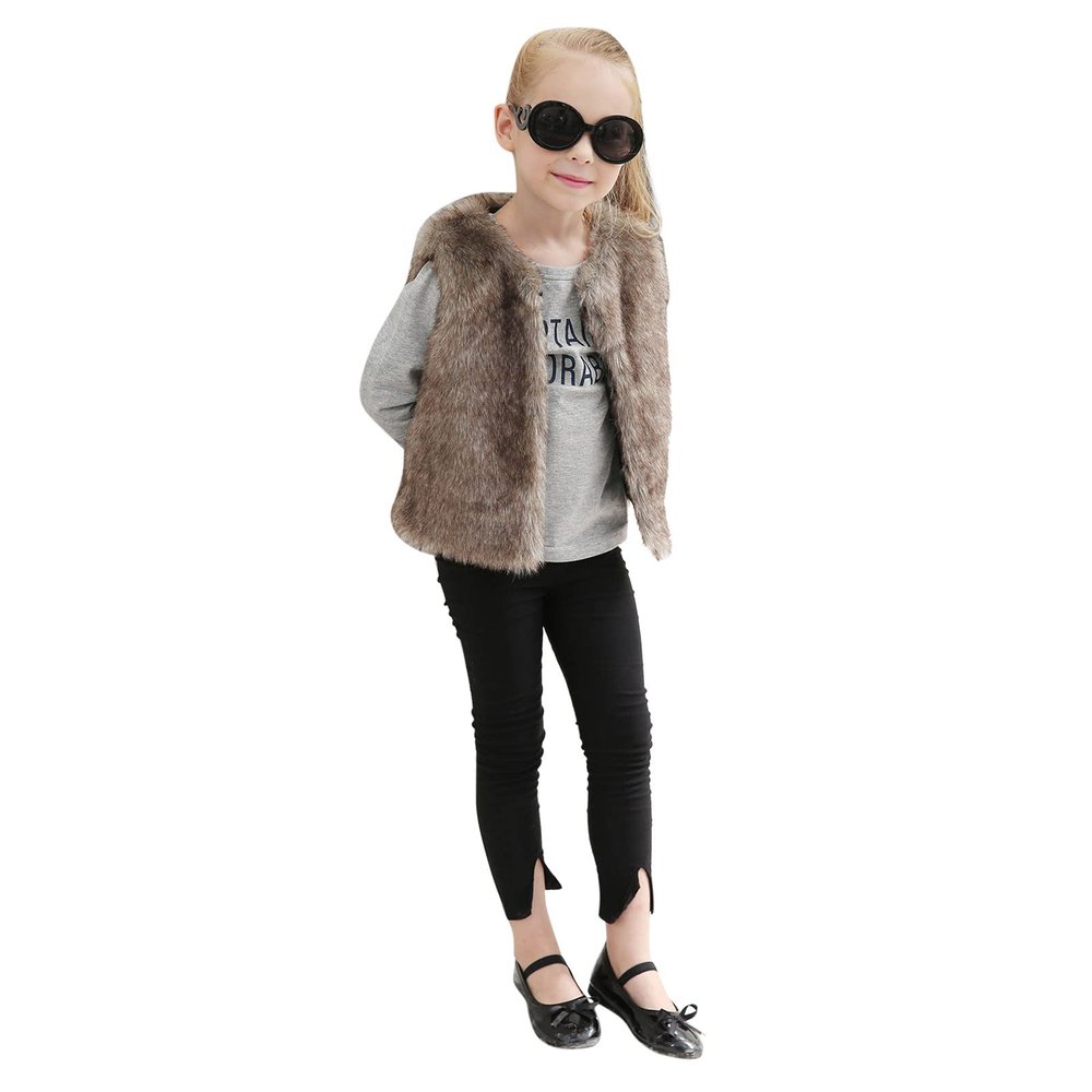 Toddler Girls Faux Fur Vest Fleece Jacket Warm Sleeveless Coat Winter Fall Fuzzy Vest Coat Children (Brown, 5-6 Years)