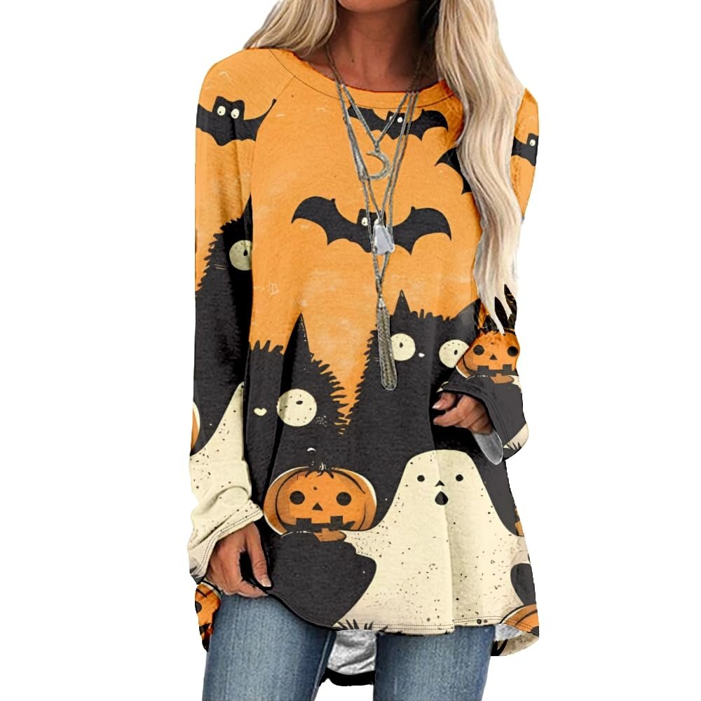 BIVENANT Womens Long Halloween Tops Cute Ghost Sweatshirt Women Halloween Tunic Style Plus Size Shirts Tshirt Shirts