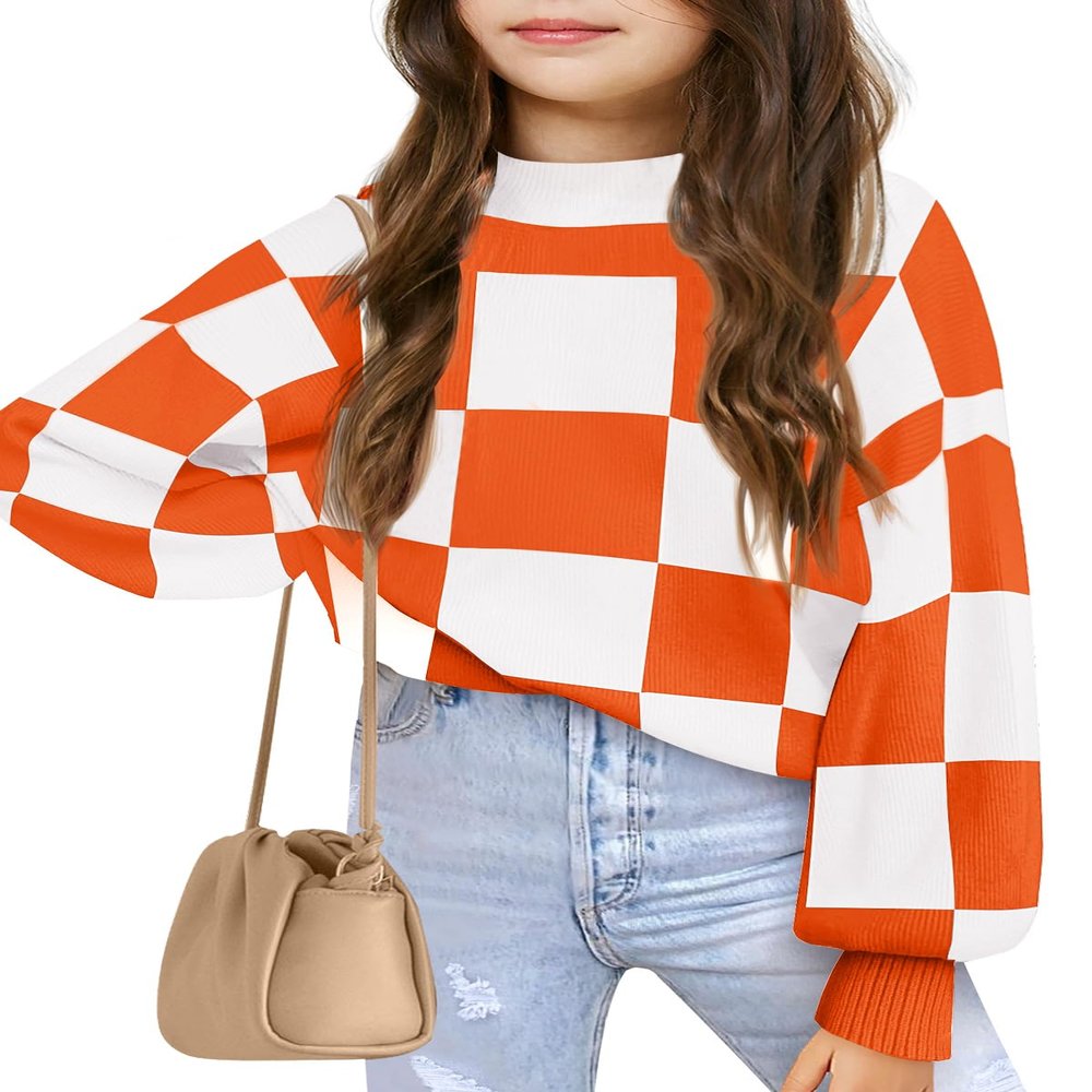 Girls Sweaters Kids Fashion Plaid Mock Neck Pullover Sweater Tops 5-14 Years Orange