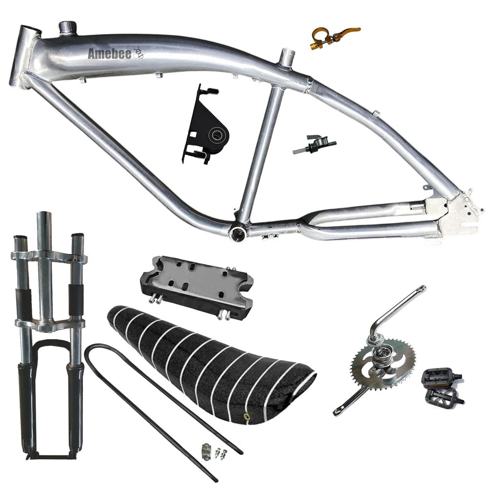 Bike Engine Frame Kit with Banana Saddle Fuel Tank Set Integrated 0.8 Gallon 3.4L Gasoline Tank with Saddle Seat for Motorized Bike 4 or 2 Stroke Gas Engine 49cc-100cc (Heavy Duty V Frame Saddle Set)