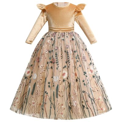 ABEHIK Flower Girls Long Sleeve Dress Fall Winter Bridesmaid Velvet Dress Floral Embroidery Tulle Tutu Dresses Wedding Birthday Party Outfits Pageant Evening Prom Ball Gown Champagne 5-6 Years
