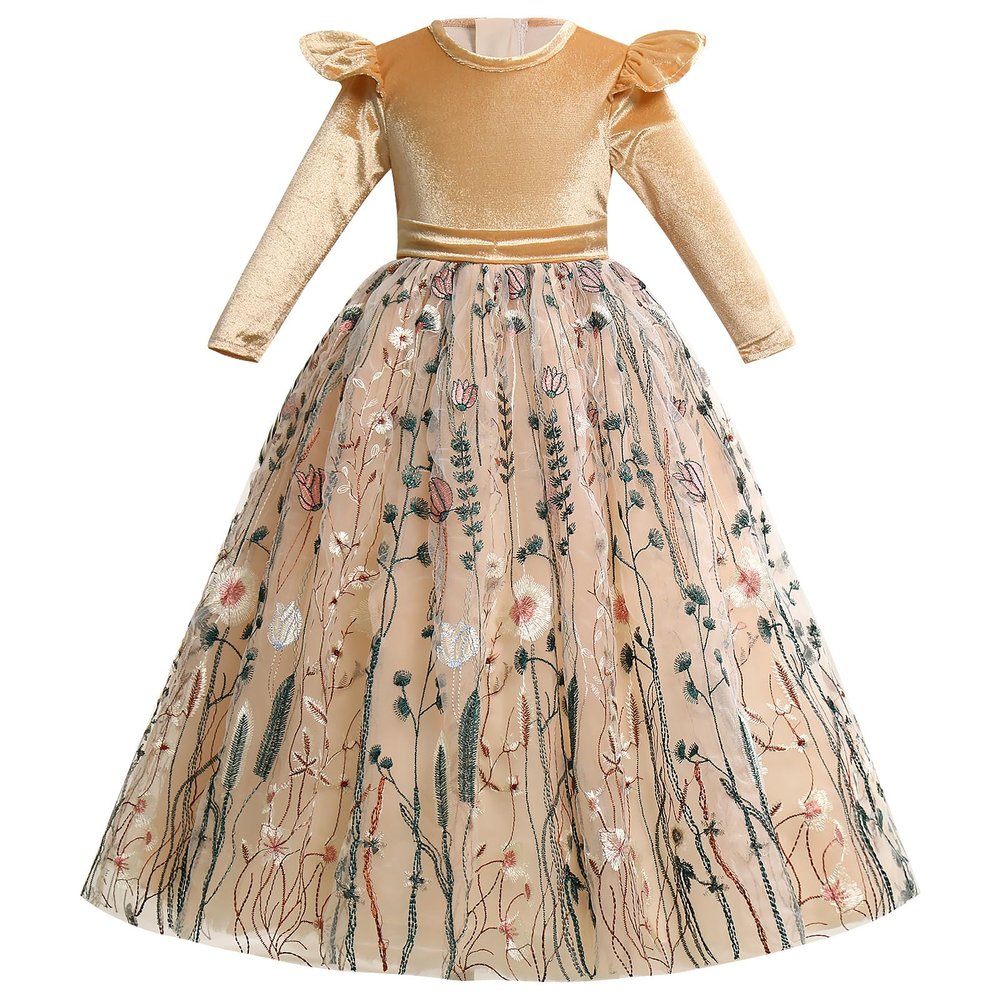 ABEHIK Flower Girls Long Sleeve Dress Fall Winter Bridesmaid Velvet Dress Floral Embroidery Tulle Tutu Dresses Wedding Birthday Party Outfits Pageant Evening Prom Ball Gown Champagne 5-6 Years