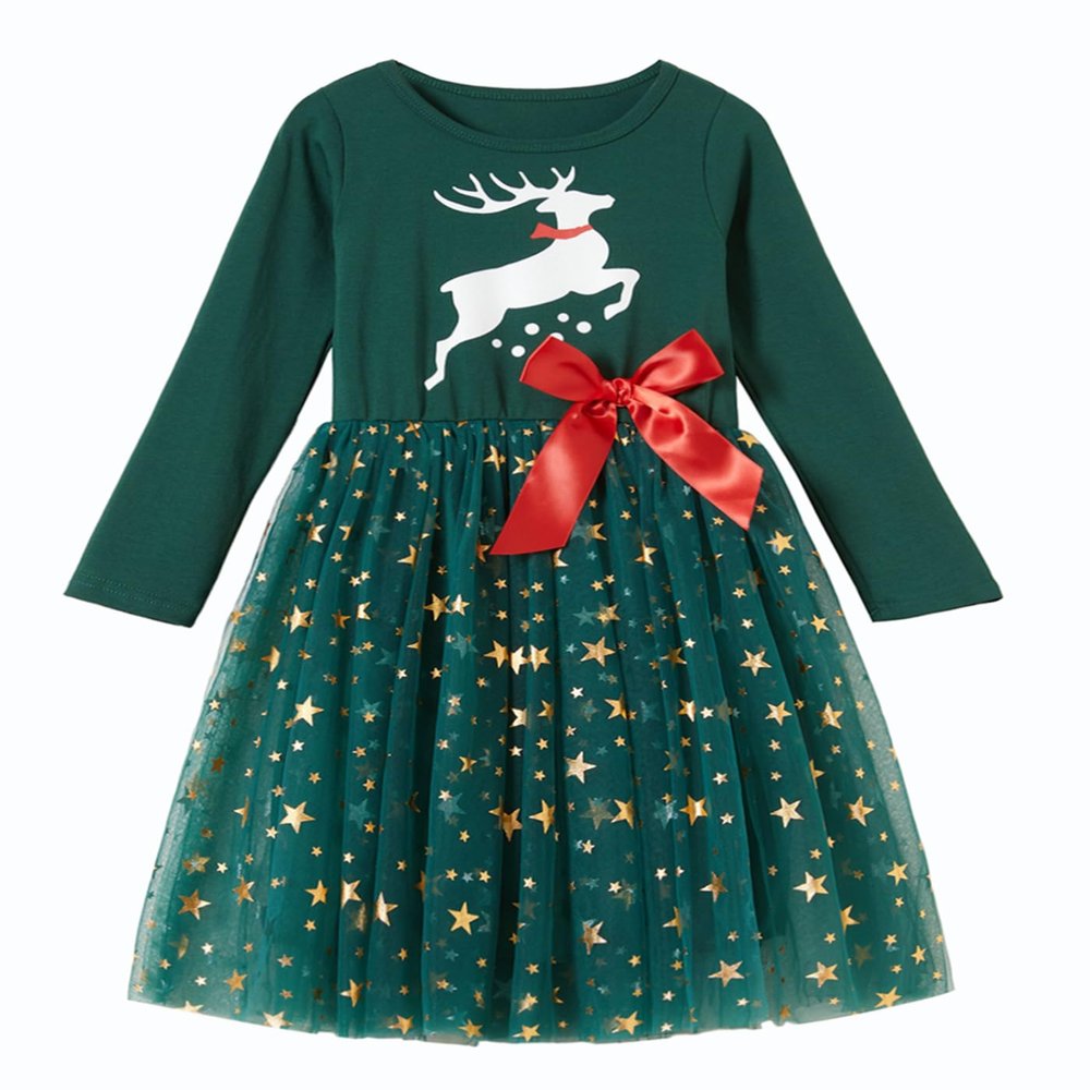 Niyage Girls Christmas Dress Toddler Baby Xmas Holiday Long Sleeve Stars Tulle Tutu Party Dresses Reindeer Green 140