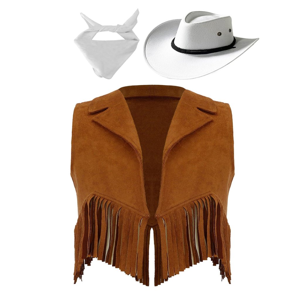 Lorilida Girls Western Cowgirl Cowboy Outfit Kids Sleeveless Jacket Vest with Cowboy Hat Bandana Brown&White 5-6 Years