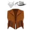 Lorilida Girls Western Cowgirl Cowboy Outfit Kids Sleeveless Jacket Vest with Cowboy Hat Bandana Brown&White 5-6 Years view 1