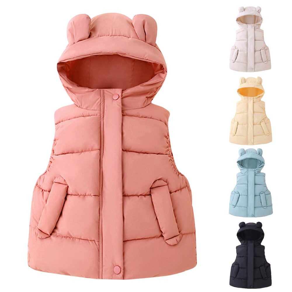 Toddler Boys Girls Light Puffer Vest Coat Bear Ears Hooded Sleeveless Zip Up Outwear Baby Winter (Beige, 18-24 Months)