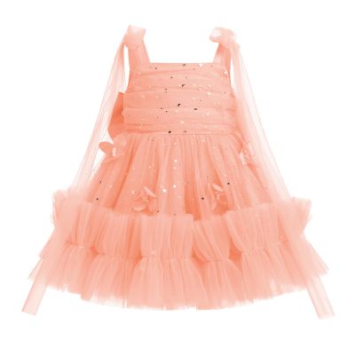 IDOPIP Toddler Pageant Princess Dress Birthday 3D Butterfly Galaxy Sequins Tulle Tutu Dress Wedding Flower Girl Dress First Communion Christening Baptism Photoshoot Outfit Peach Pink 3-4 Years