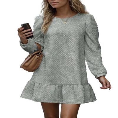 TIAFORD Womens Casual Crewneck Waffle Sweatshirt Dress Puff Long Sleeve Ruffle Hem Pullover Loose Fall Fashion Mini Dress Grey