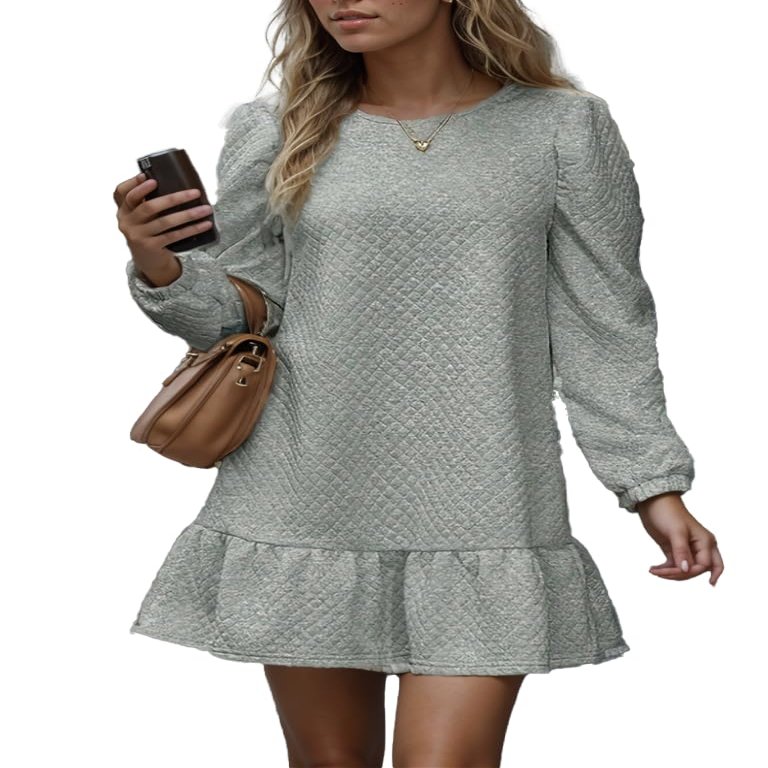 TIAFORD Womens Casual Crewneck Waffle Sweatshirt Dress Puff Long Sleeve Ruffle Hem Pullover Loose Fall Fashion Mini Dress Grey