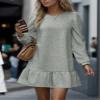 TIAFORD Womens Casual Crewneck Waffle Sweatshirt Dress Puff Long Sleeve Ruffle Hem Pullover Loose Fall Fashion Mini Dress Grey view 2
