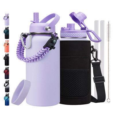 40 oz Insulated Water Bottles with Straw - Paracord Handle & Strap Carrier, 40 oz Metal Flask Keep Cold 48Hrs, Vacuum Thermal Jug with Sling Bag for Sports Hiking Cycling Running