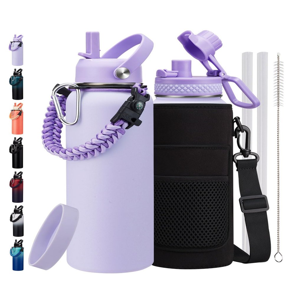 40 oz Insulated Water Bottles with Straw - Paracord Handle & Strap Carrier, 40 oz Metal Flask Keep Cold 48Hrs, Vacuum Thermal Jug with Sling Bag for Sports Hiking Cycling Running
