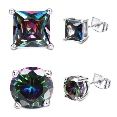 2 Pairs 18K White Gold Plated Round/Square CZ Earrings Created Rainbow Quartz Stud Earrings for Women Men Cubic Zirconia Stud Earrings for Women Men | 925 Sterling Silver Earrings